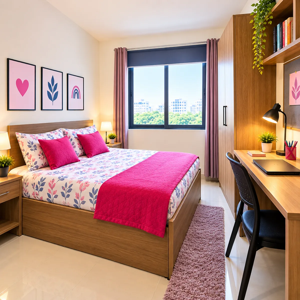 Single private hostel room with bed and study desk